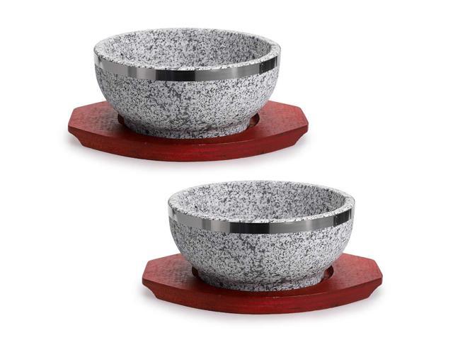 2 Pcs Dolsot Bibimbap Bowl 32 Oz, Granite Stone Bowl with Wood Base, Dolsot Pot for Korean Soup, Rice and Stew