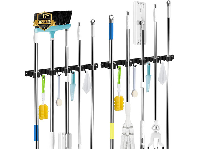 2 Pack Black Broom Holder Wall Mount, 5 Racks 4 Hooks Mop and Broom Holder Mop Holder Wall Mount and Broom Hanger for Garage, Laundry Room, Kitchen...
