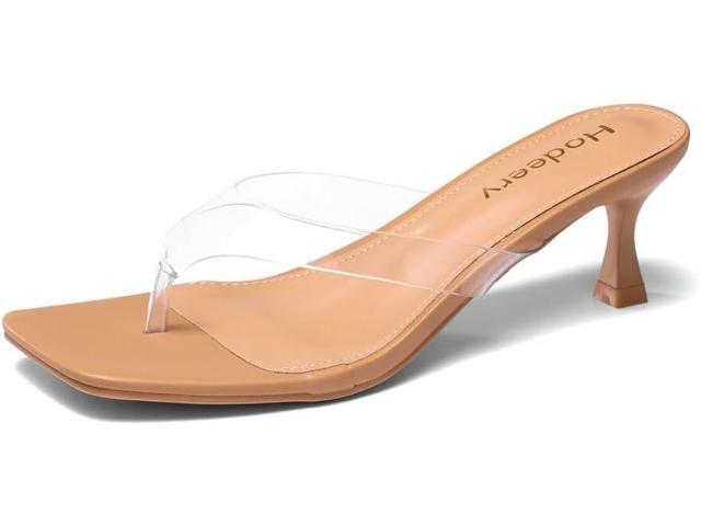Womens Clear Strap Kitten Heels 2.5 Inch Square Open Toe Flip Flop Sandals Comfortable Low Heels for Wide Feet Dressy Mules for Party Wedding Work