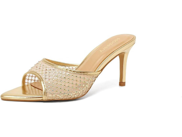 Women's Mesh Rhinestone Mule Heeled Sandals Slip On Pointed Open Toe 3 Inch Stiletto Dressy Party Casual Shoes