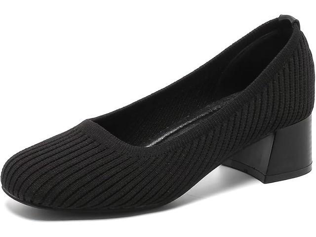 Women's Easy Slip-On Square Toe Knit Heels Comfortable Elegant Chunky Low Heel Pumps 1.57 Inches Casual Party Work Wedding Dress Shoes