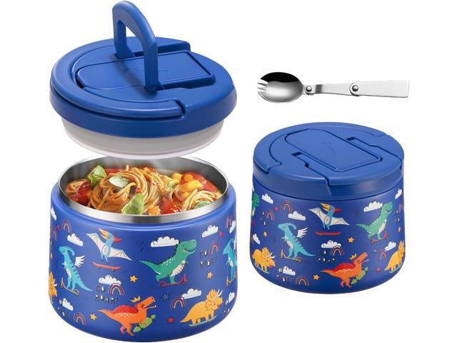 14oz Insulated Vacuum Food Jar with Buckle Lid,Soup Thermo for Hot Food Kids,Wide Mouth Leakproof Stainless Steel Lunch Container with Spoon-Dinosaur