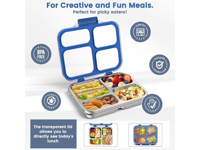 Stainless Steel Bento Box for Kids Adults with Silicone Container, Leak Proof 4 Compartments Metal Lunch Box, Removable Silicone Seal & Clear Lid.