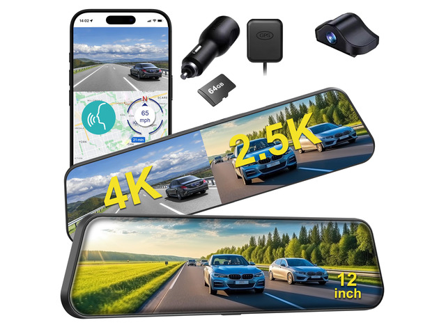 12'' 4K Rear View Mirror Camera,4K+2.5k Front and Rear Mirror Dash Cam,ADAS BSD LCA Smart Rearview Mirror for Cars,App WiFi,Night Vision, Parking...