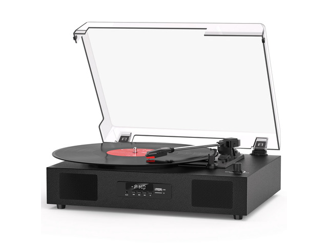 Vinyl Record Player with Built-in Speakers, Vinyl to USB Recording, Black Bluetooth AUX Input, Belt Drive 3 Speeds Turntables for 7/10/12' Vinyl...