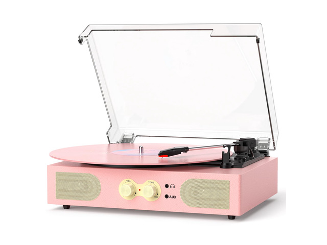 Vinyl Record Player with Built-in Speakers, Vintage 3-Speed Turntable, Bass/Treble Control, Headphone Jack, RCA/AUX Outputs, Belt-Driven LP Player,...