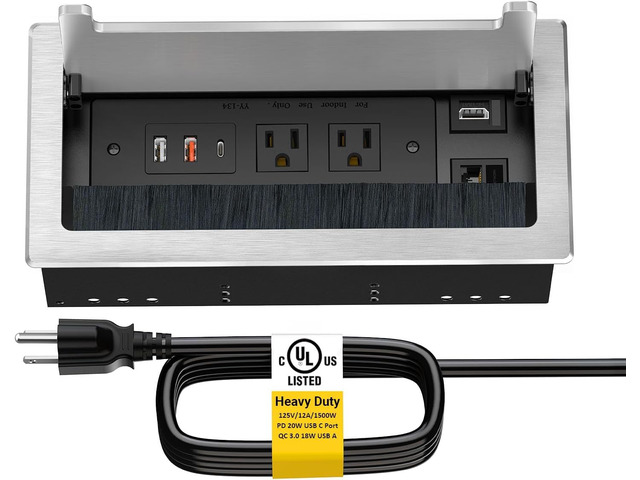 10FT Conference Table Power Hub, Outlet Multimedia Connectivity Box with 1 HDMI + 1 RJ45 + 20W USB C + 2 USB A + 2 AC Outlets, Heavy Duty Metal...