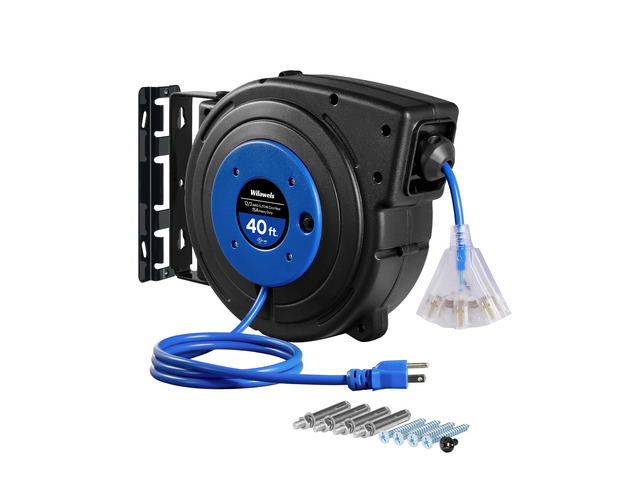Retractable Extension Cord Reel, 40 FT Heavy Duty Power Cord, 12AWG/3C SJTOW, 3 Grounded Outlets Lighted Triple Tap, 15 Amp Circuit Breaker, UL...
