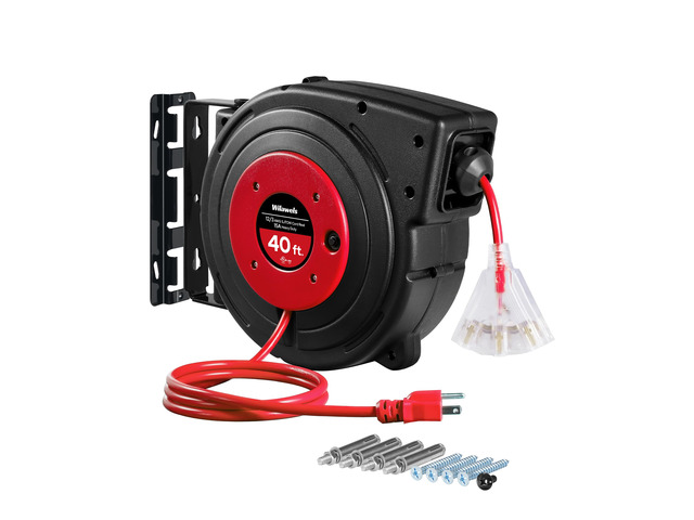 Retractable Extension Cord Reel, 40 FT Heavy Duty Power Cord, 12AWG/3C SJTOW, 3 Grounded Outlets Lighted Triple Tap, 15 Amp Circuit Breaker, UL...