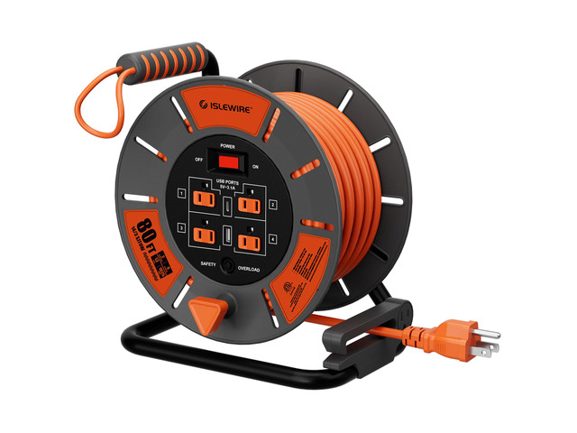 Retractable Extension Cord Reel 80 FT, 14AWG SJTOW Heavy Duty Power Cord with 4 Grounded Outlets, USB-A & USB-C Ports, 13A Circuit Breaker, Hand...