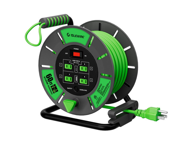 60 FT Retractable Extension Cord Reel, 14AWG SJTOW Heavy Duty Power Cord with 4 Grounded Outlets, USB-A & USB-C Ports, 13A Circuit Breaker, Hand...