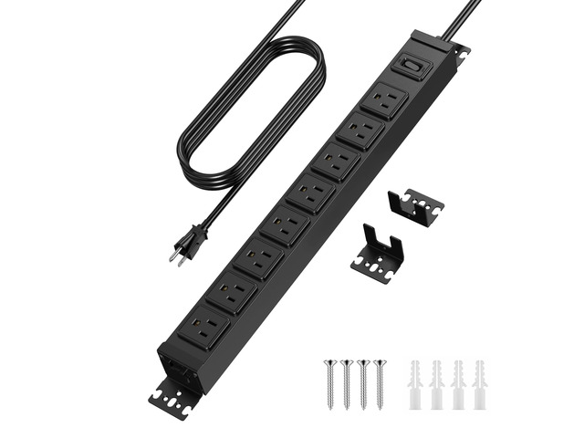 Metal 360° Rotating 8 Outlet Mountable Power Strip, 15FT, Black, 2 8 Outlet Surge Protector Power Strip, Heavy Duty Wall Mount Surge Protector with...