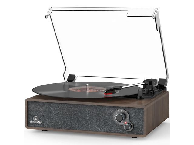 Retro Vinyl Record Player with Stereo Speakers,Walnut Brown Patented Design,Wooden Vintage Turntable,Tone Adjustment,LP Phonograph,Belt Drive,3...