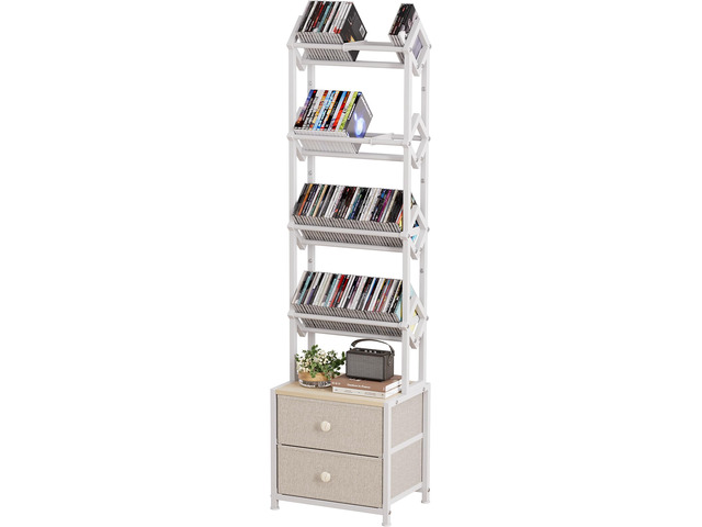 CD Storage Rack with Drawers, 5-Tier Media Organizer DVD Storage Shelf, Large Capacity for CD/DVD, Books & Games, Ideal for Living Room & Home...