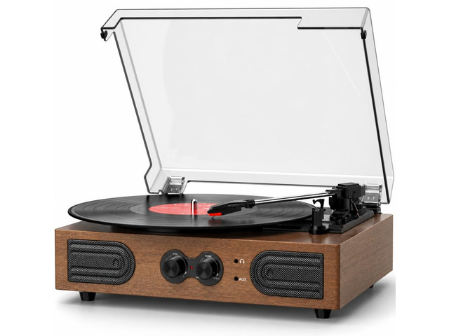 Vinyl Record Player with Dual Speakers Bass/Treble Control Walnut Built-in Stereo Speakers, Vintage 3-Speed 3 Sizes, Belt-Driven LP Turntable,...
