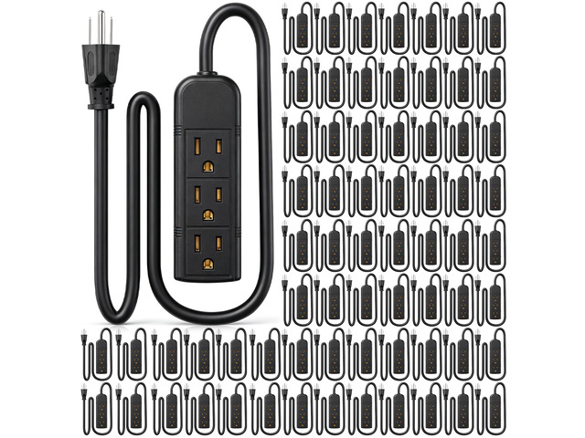 20 Pack 3 Outlet Power Strip Flat Plug Extension Cord, 1 ft, Black 3 Outlet Power Strip Surge Protector, Power Strip Bulk Pack, Mini Cord 3 Ground...