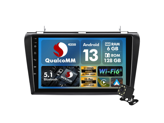 8 Core 6+128 GB Music Host with Qualcomm Android 13 Double Din Octa Core Car Stereo for Mazda 3 2004-2009 with 9 Inch Touchscreen Radio Built-in...