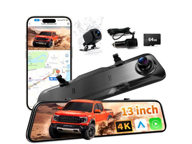 2026 Ultrawide 13 4K Rear View Mirror Camera with Carplay & Android Auto, 5.8GHz WiFi Smart Rearview Mirror with Voice Control/Split Screen, 64GB.