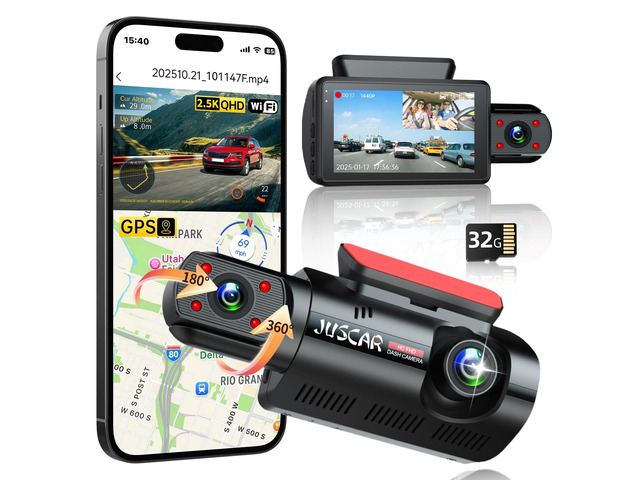 2.5K+1080P Dual Dash Cam Front and Inside, WiFi & GPS Dash Camera for Cars with 32G Card, IR Night Vision, 3' IPS Screen, Inside Car Camera for...