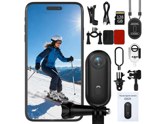 4K Mini Thumb Action Camera 64G Waterproof Magnetic Sport Camera with Helmet Bike Mount, Vlog Camera for Cycling Motorcycle Swimming(Black)