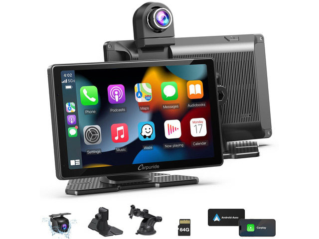 W703 Wireless CarPlay for Apple CarPlay & Android Auto, 7' IPS Portable Car Audio Receivers with 4K Front and 1080P Backup Cam, Loop...