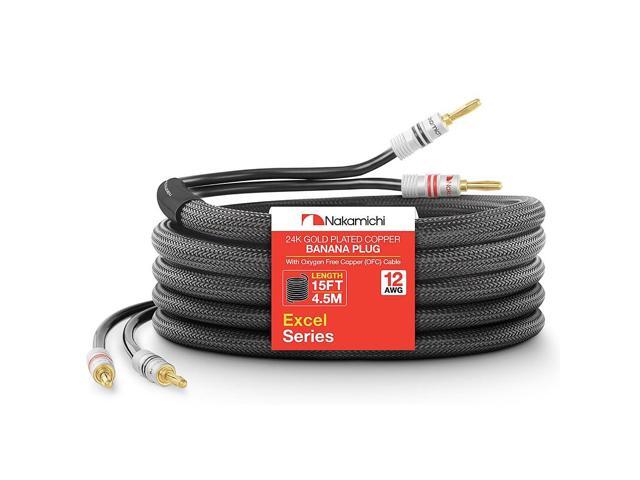 Excel Series 24k Gold Plated Banana Plugs with Speaker Cable Wire 99.9% Oxygen-Free Copper (OFC) Heavy Duty Braided for Amplifier Hi-Fi Home.