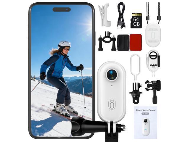 4K Mini Thumb Action Camera 64G Waterproof Magnetic Sport Camera with Helmet Bike Mount, Vlog Camera for Cycling Motorcycle Swimming(White)