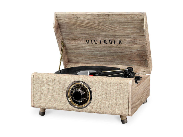 Highland 4-in-1 Bluetooth Record Player with Speakers 3-Speed Vinyl Record Player, FM Radio & 3.5mm Aux, Wireless Music Streaming (Farmhouse Oatmeal)