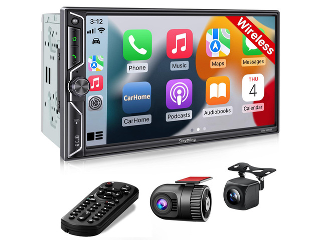 [QLED Screen Upgrade] 7' Double Din Car Stereo with Dash Cam, Wireless Apple CarPlay and Android Auto, Bluetooth, 240W 4.2-Channel Audio Output,...