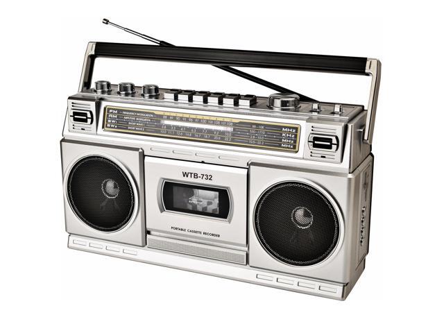 Retro Classic 80s Style Portable Boombox with Cassette Player Recorder, AM/FM/SW1/SW2 Radio, Bluetooth, USB/Micro SD Slots, Headphone Jack, 24W...