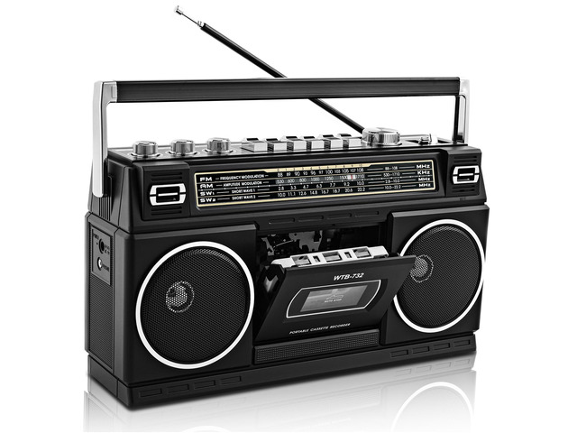 Retro Classic 80s Style Portable Boombox with Cassette Player Recorder, AM/FM/SW1/SW2 Radio, Bluetooth, USB/Micro SD Slots, Headphone Jack, 24W...