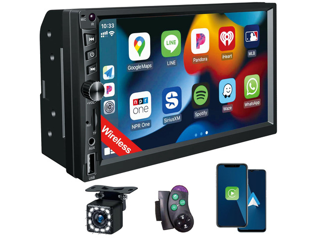 Wireless Double Din Car Stereo Works with Apple Carplay,7 Inch HD 1024 * 600 Touchscreen with Bluetooth 5.1,FM Car Radio,GPS Navigation,Backup...