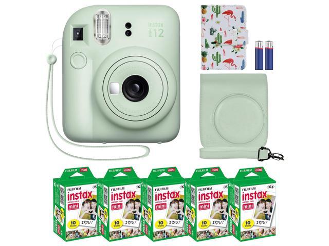 Instax Mini 12 Instant Camera + MiniMate Accessory Bundle & Compatible Custom Case + Fuji Instax Film Value Pack (50 Sheets) Flamingo Designer.