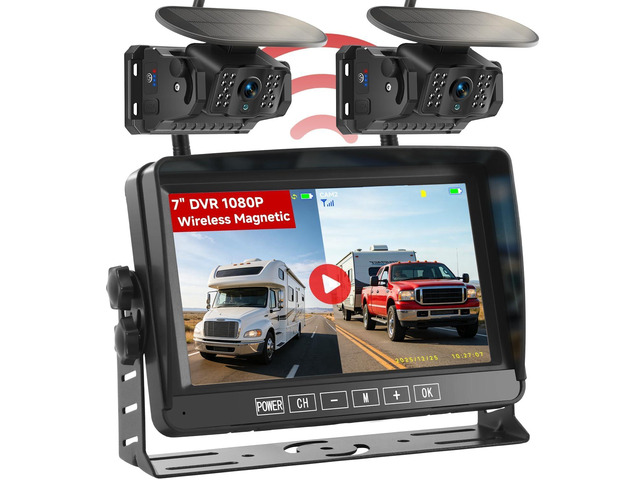 Dual Wireless Magnetic Backup Camera with 7 1080P HD 4CH Monitor Solar 15000mAh Rechargeable Night Vision Rear Camera, DVR Loop Recording...