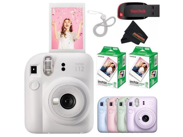 Instax Mini 12 Instant Camera Clay White with Sandisk 32 GB USB Flash Drive + 40 Sheets Instax Mini Film Bundle, Sunshine Photo Microfiber Cleaning...