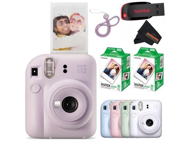 Instax Mini 12 Instant Camera Lilac Purple with Sandisk 32 GB USB Flash Drive + 40 Sheets Instax Mini Film Bundle, Sunshine Photo Microfiber.