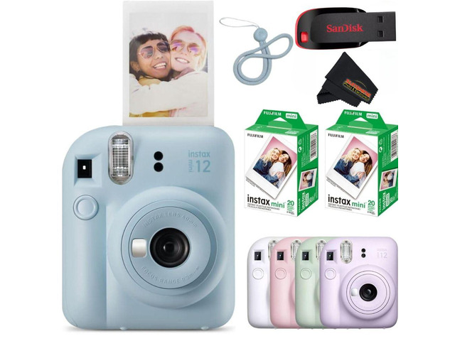 Instax Mini 12 Instant Camera Pastel Blue with Sandisk 32 GB USB Flash Drive + 40 Sheets Instax Mini Film and Sunshine Photo Microfiber Cleaning...