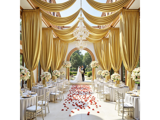 20ftx40ft Gold Ceiling Curtain for Wedding Parties 4 Panels Wrinkle-Free 40 FT Long Tent Draping Curtains for Wedding, Birthday & Theme Parties,...