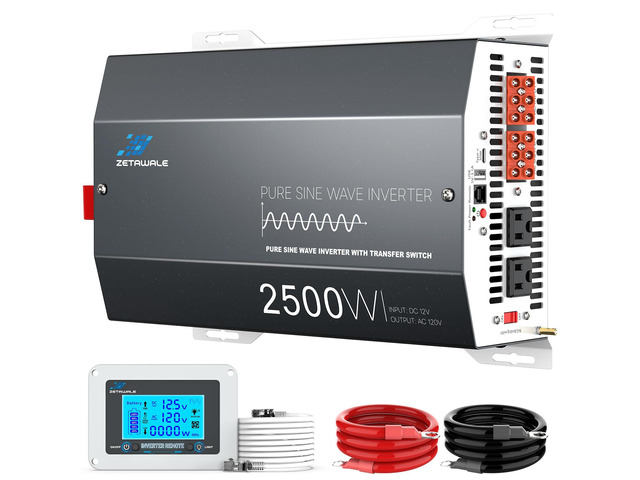 2500W Pure Sine Wave RV Inverter with Built-in ATS, 12V DC to 110V/120V AC Converter, 5000W Peak, Shore Power Automatic Bypass, 2 AC Outlets, USB &...