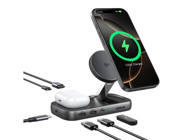 USB C Hub 15W Wireless Charger, Qi2 Certified Magsafe Charging Stand with 4K@60Hz HDMI, 100W PD, 10Gbps USB C/A, and 5W Charging Pad, Laptop.