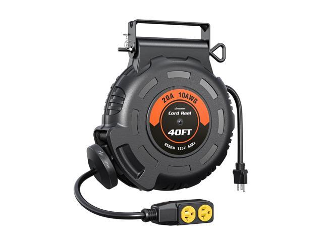 10 Gauge Retractable Extension Cord Reel, 40FT 10AWG/3C SJTW Heavy Duty Power Cord, 4 Grounded Outlets, 20 Amp Circuit Breaker, 2500W, 180Â° Swivel.