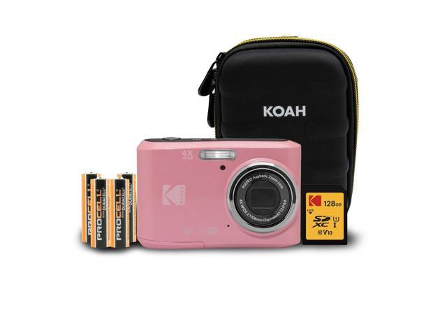 PIXPRO FZ45 Friendly Zoom 16MP 1080p Full HD Digital Camera (Pastel Pink) with 128GB SD Card, Compact Camera Case and Extra 4X AA Batteries Bundle.