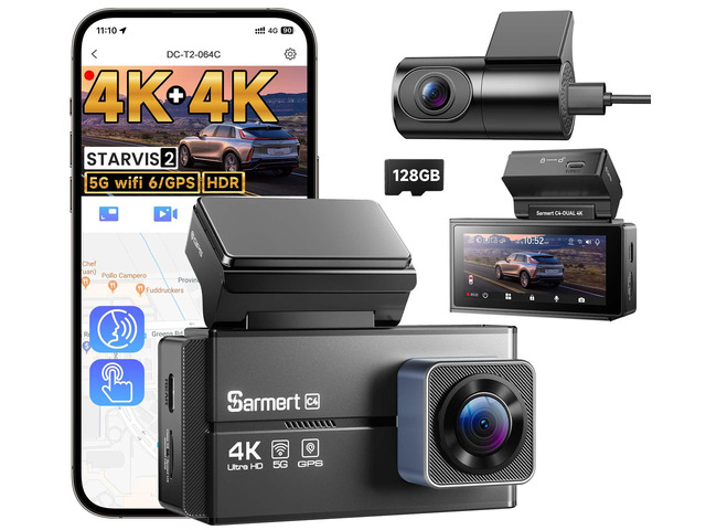 4K+4K Dash Cam Front and Rear, C4 Dash Cam Free 128GB Card Included, Built-in GPS and 5G WiFi, HDR Night Vision, WDR Dash Camera for Cars, App, 24H...