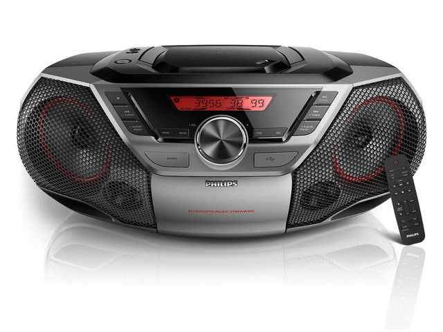 Portable Boombox CD Player Bluetooth FM Radio MP3 Mega Bass Reflex Stereo Sound System with NFC, 12W, USB Input, Headphone Jack, and LCD Display