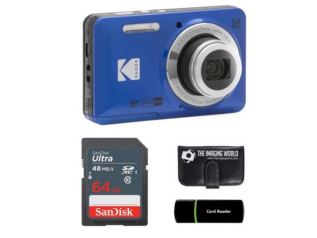 Kodak PIXPRO FZ55 Blue 16MP Digital Camera 5X Optical Zoom 28mm Wide Angle 1080P Full HD Video 2.7' LCD Camera + 64GB Card and Reader + Memory Wallet