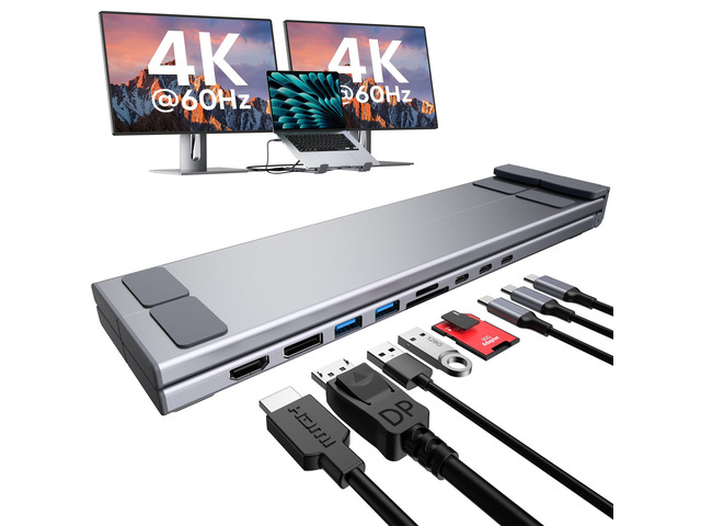 USB C Laptop Docking Station Stand Dual Monitor, Single 8K for Windows DP 1.4 or Dual 4K for Win and Mac, 9 in 1 USB C Hub with HDMI+DP, 2*USB 3.0,...