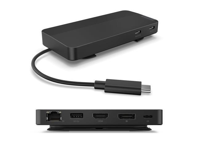 USB-C Travel Dock - 7 Ports, Integrated Cable, Universal Compatibility, Dual 4K Displays - Black