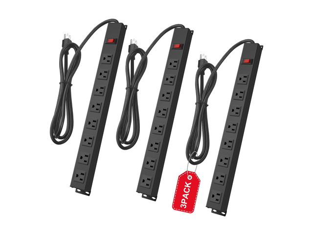 3Pack Metal 8 Outlet Mountable Power Strip, Wall Mount Outlet Heavy Duty, Wide Spaced Commercial Shop Power Strip with Switch, 4 FT Power Cord
