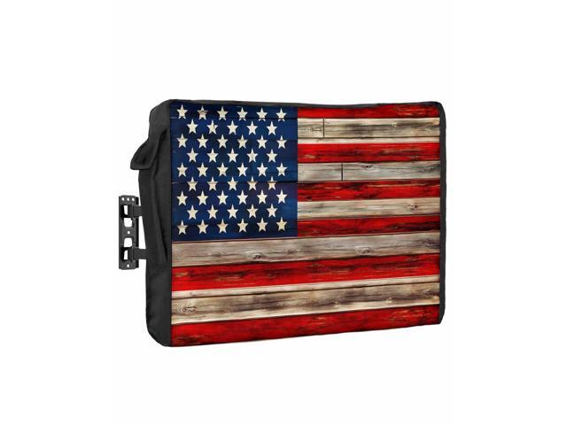 American Flag Outdoor TV Cover 80-85 Inches, Weatherproof & Waterproof, Red Striped Blue Star Enclosure with Remote Control Pocket, Vintage Wooden.