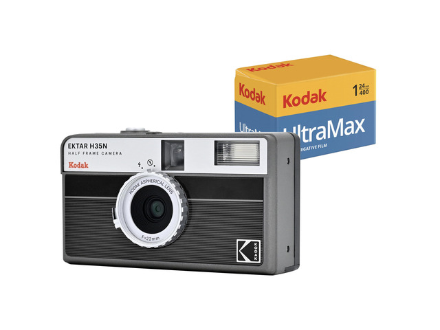 EKTAR H35N Half Frame Film Camera Bundle with Ultramax 400/24EXP 35mm Roll Film (Striped Black)